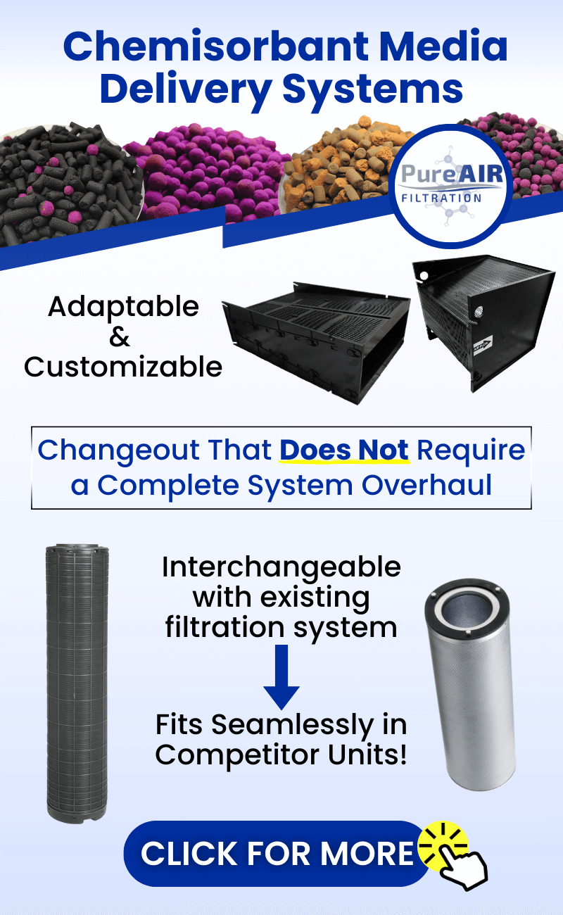 Chemisorbant Media Delivery Systems: Adaptable and Customizable
Changeout That Does Not Require a Complete System Overhaul. Interchangeable with existing filtration system. Fits Seamlessly in Competitor Units! Click for details.